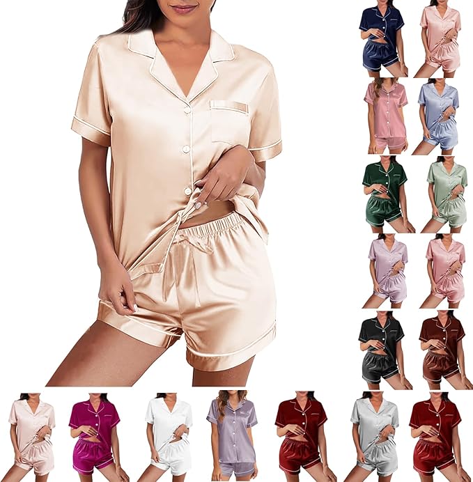 WJing Yi Jia Womens Silk Satin Pajamas Loungewear Two-Piece Sleepwear Button-Down Floral Pj Set XS-4XL