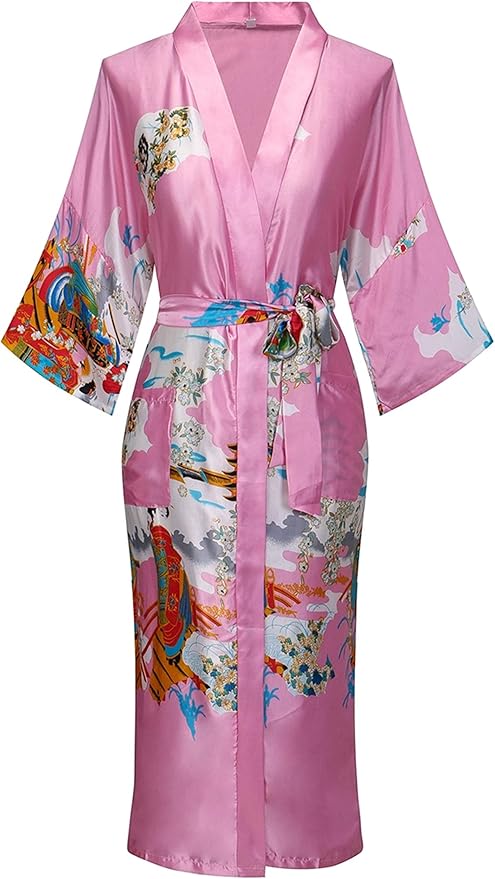 Valennia Women Long Silky Bathrobe Satin Kimono Robe Floral Printed Dressing Gown Sleepwear