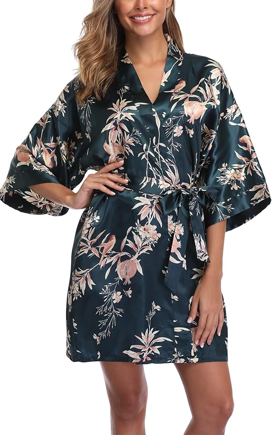 Women's Floral Satin Robes Bride Bridesmaid Getting Ready Robe Short Silky Kimono Sleepwear for Wedding Party