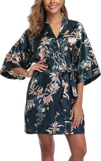 Women's Floral Satin Robes Bride Bridesmaid Getting Ready Robe Short Silky Kimono Sleepwear for Wedding Party