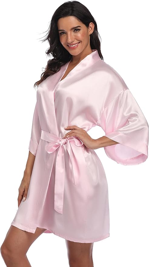 Women's Satin Kimono Robe Wedding Getting Ready Silky Bathrobe Short Bridesmaid Dressing Gown
