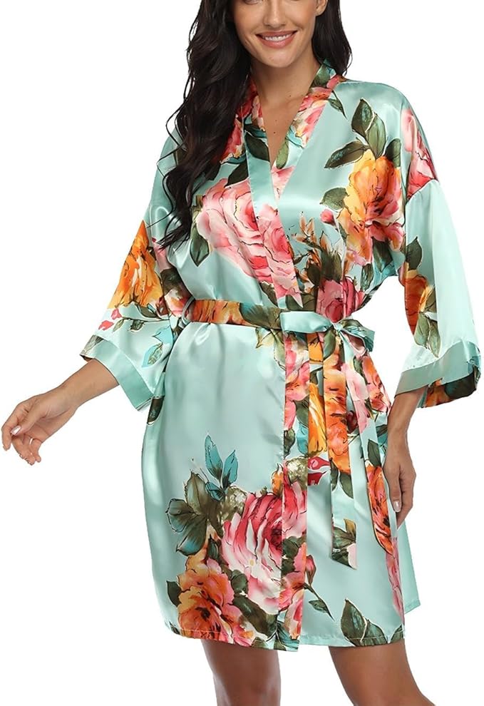 Floral Silk Robes for Women Kimono Satin Short Bath Robe Bridal Dressing Gown Bride Bridesmaids Lightweight Bathrobes