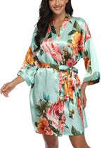 Floral Silk Robes for Women Kimono Satin Short Bath Robe Bridal Dressing Gown Bride Bridesmaids Lightweight Bathrobes