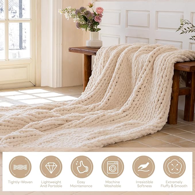 Chunky Knit Blanket - Luxury Soft Cozy 60 * 80 Throw Blanket,100% Woven Blanket Rope Knot Throw Blanket for Couch, Sofa, Home Decor, Gift - Machine Washable (Cream, 60 * 80)