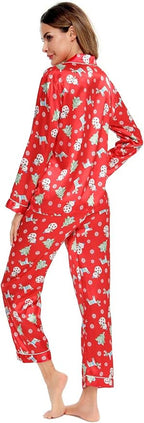SWOMOG Womens Silk Satin Pajamas Set Long Sleeve Button Down Sleepwear 2 Piece Lounge Set Pj Set XS-3XL