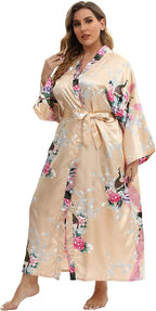 Women's Floral Long Satin Robes Plus Size Long Silk Robes Peacock Floral Kimonos Sleepwear Dressing Gown