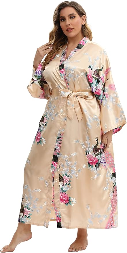 Women's Floral Long Satin Robes Plus Size Long Silk Robes Peacock Floral Kimonos Sleepwear Dressing Gown