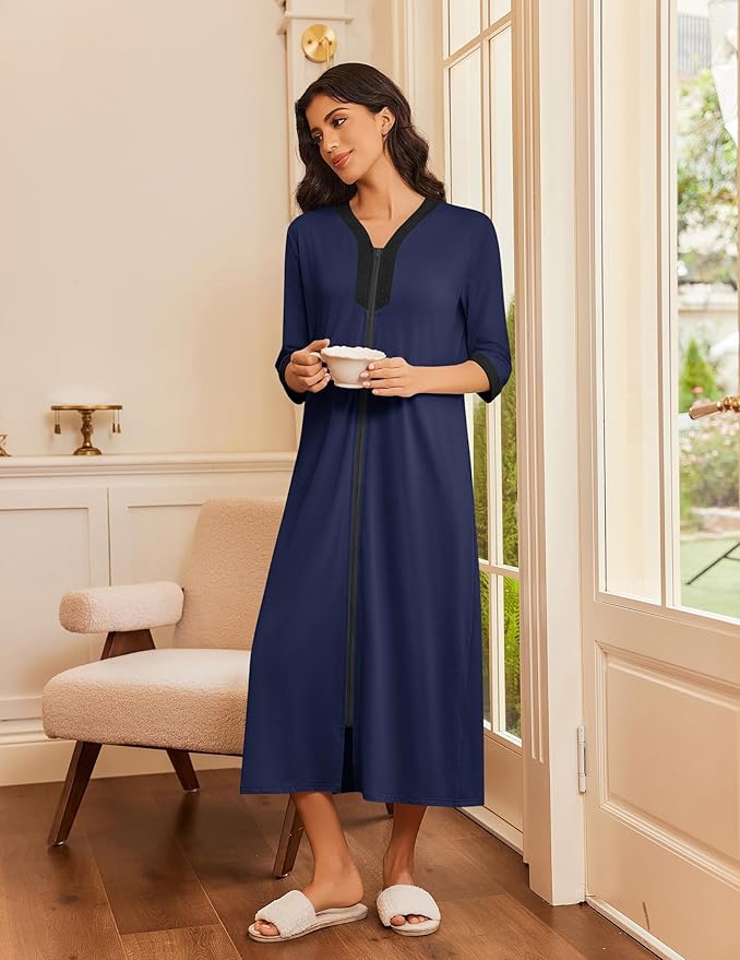 Ekouaer Women's Zipper Robe 3/4 Sleeves Housecoat Full Length Nightgown Soft Loungewear Robe with Pockets S-3XL