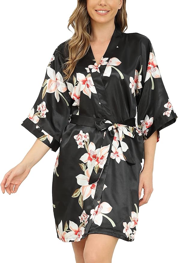 Women's Floral Satin Robes Bride Bridesmaid Getting Ready Robe Short Silky Kimono Sleepwear for Wedding Party