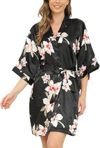 Women's Floral Satin Robes Bride Bridesmaid Getting Ready Robe Short Silky Kimono Sleepwear for Wedding Party