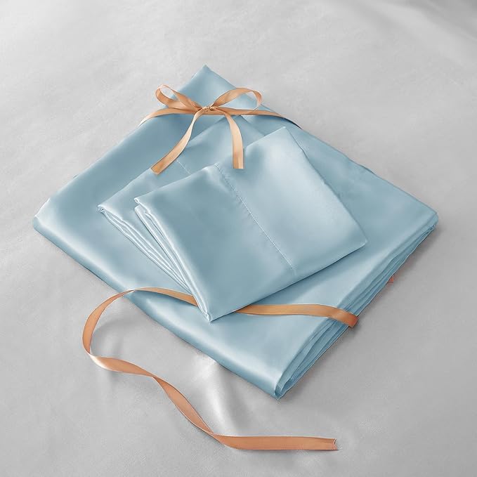 BEDELITE California King Sheets Set, Luxury Soft Light Blue Satin Sheets for Hair and Skin, Similar to Silk Bed Sheets Set 4 Pieces with 1 Deep Pocket Fitted Sheet, 1 Flat Sheet, and 2 Pillowcases
