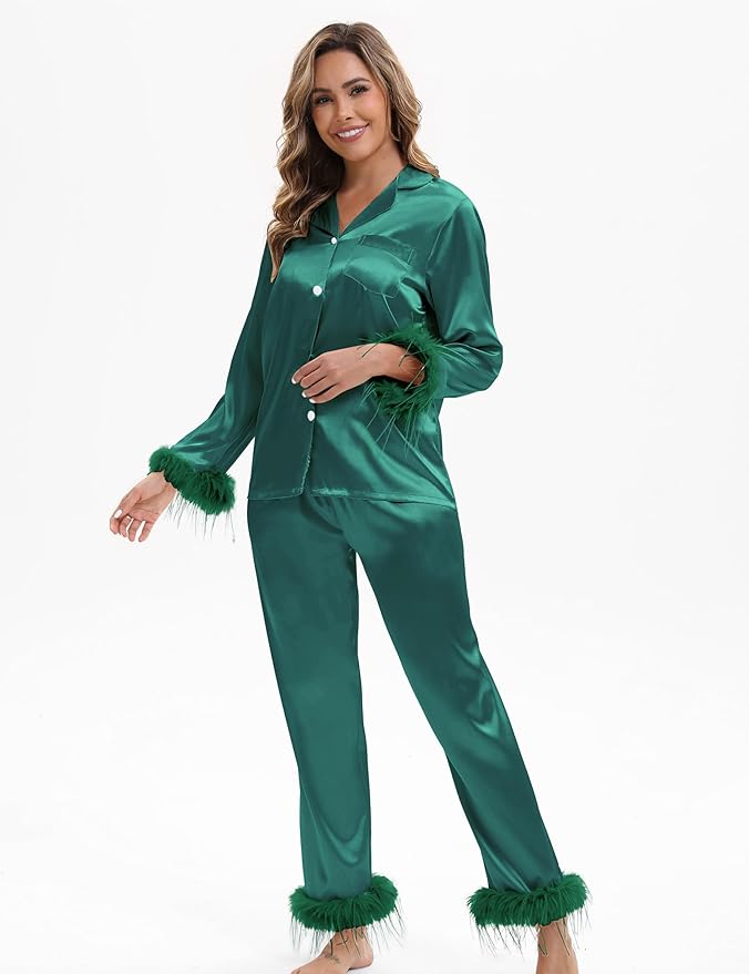 MORFORU Satin Pajama Set for Women Feather Trim Long Sleeve Pjs with Sleep Mask Headband Scrunchie Sleepwear Lounge Set