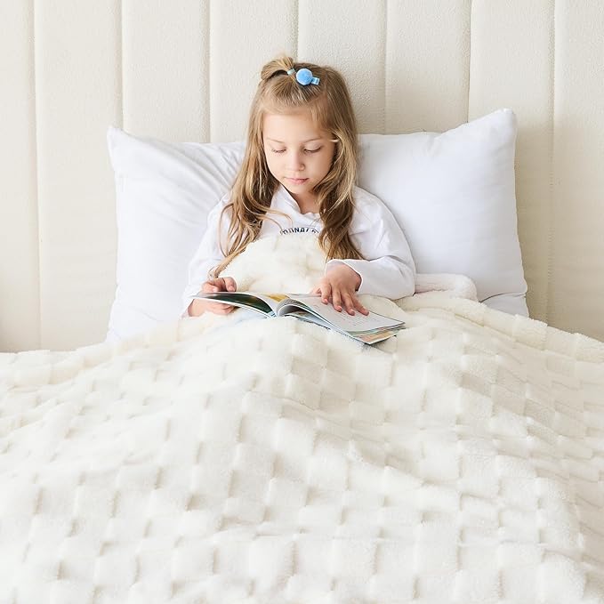 NEWCOSPLAY Super Soft King Blanket Ivory Premium Silky Flannel Fleece 3D Checkered Lightweight Bed Blanket All Season Use (Ivory Checkered, King(90"x110"))