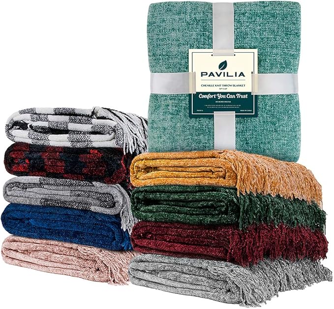 PAVILIA Teal Chenille Throw Blanket for Couch Sofa, Soft Turquoise Throw with Tassel, Decorative Blanket for Bed Chair Living Room, Teal 50x60