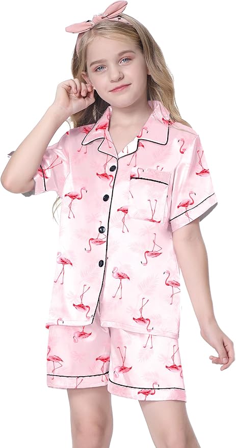 Girls & Womens Satin Pajamas Set, Silk Button-Down Sleepwear 2 Piece Nightwear, 3 Years - Women XXL