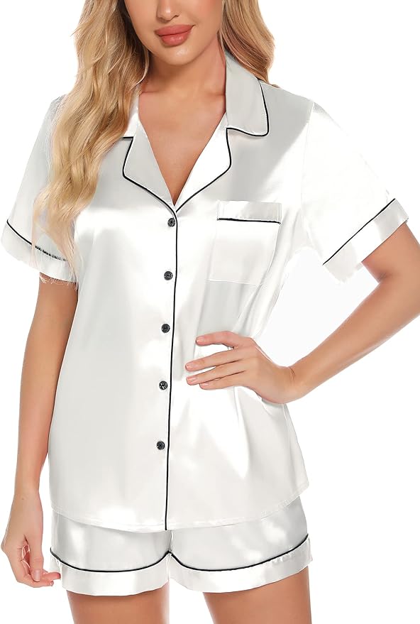 Samring Women's Silk Satin Pajamas Set Short Sleeve Sleepwear Two Piece Button Down Pj Set with Pockets S-XXL