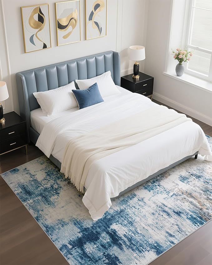 CRYPTOLITE Area Rugs 8x10 Rug for Living Room Abstract Washable Rug with Non-Slip Backing Low Pile Area Rug for Bedroom, Dining Room, Blue