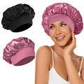 2Pcs Satin Bonnets Silk Bonnet for Sleeping Hair Bonnet for Curly Hair(Black&Rose Pink）