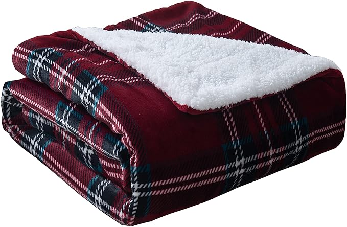 Elegant Comfort Throw Blanket, Reversible Sherpa Flannel, Ultra-Soft, Fuzzy, Cozy and Plush- All Season Lightweight Decorative Throw, 50 x 60 inches, Plaid Design Sherpa Throw, Burgundy