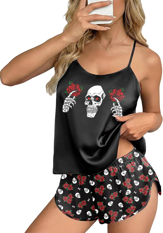 Ekouaer Silk Pajamas Set for Women Satin Backless Lingerie Pjs Cami Top and Shorts Nightwear