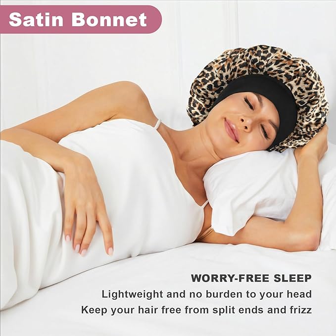 4Pcs Satin Bonnet Silk Bonnet, Hair Bonnet for Sleeping, Elastic Wide Band Silk Sleep Cap, Soft and Breathable(Leopard Print*4)