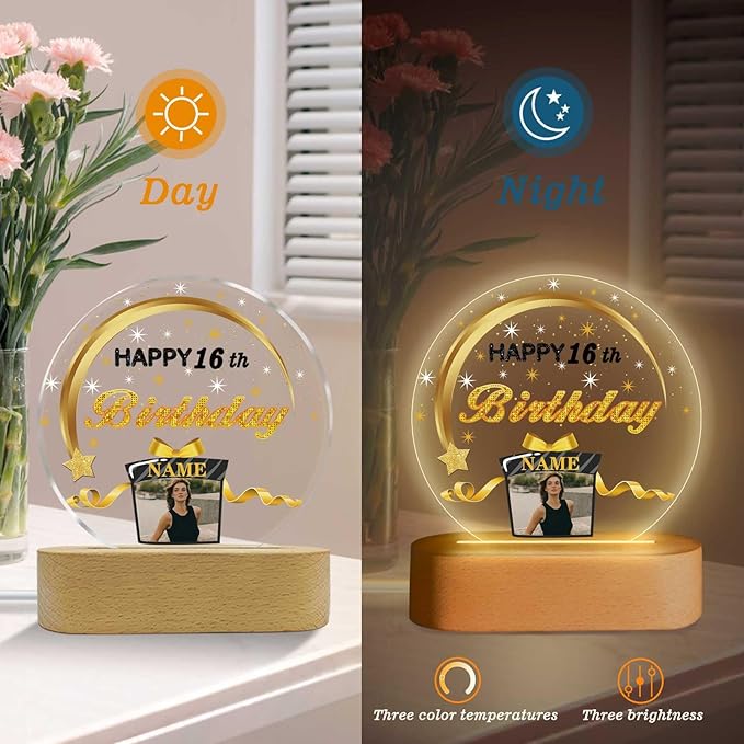Customized Birthday Gifts Personalized Acrylic LED Night Light Lamp Crystal Ball Plaque Custom Photo Name Birthday Gifts for Mom Kids (Black and Gold)