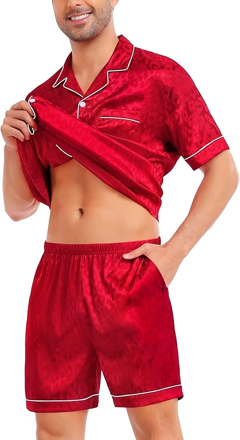 SWOMOG Satin Matching Pajamas Sets Couple Silk Button Down Nightwear Women & Men Short Sleeve Sleepwear 2 Pieces Loungewear