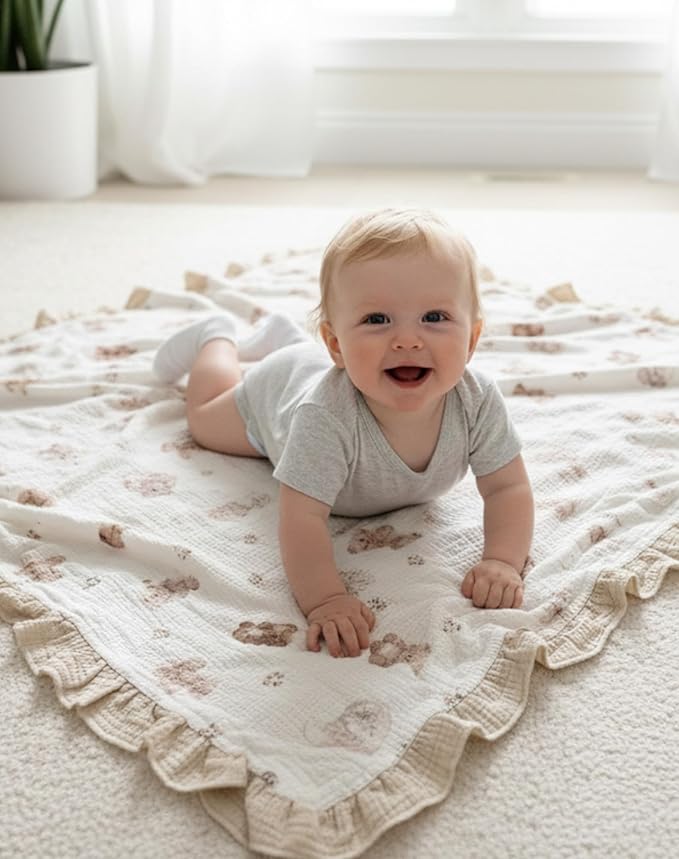Muslin Ruffled Baby Blanket, Extra Large 52 x 52 Inches, Soft Breathable Cotton Crib Blanket for Newborn Infant Toddler (Rosy-Ruffled, Printed)