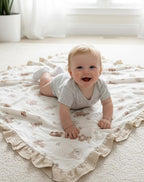Muslin Ruffled Baby Blanket, Extra Large 52 x 52 Inches, Soft Breathable Cotton Crib Blanket for Newborn Infant Toddler (Mustard Yellow-Ruffled, Printed)
