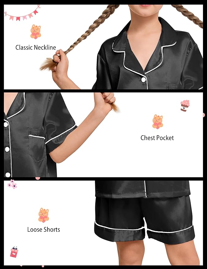 EPLAZA Kids Satin Pajamas Sets Girls Boys Button-Down Silky Pajamas Sleepwear with Hairband Eye Mask Hair Tie