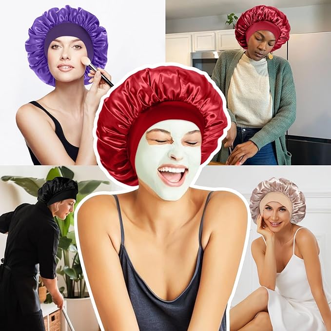 4Pcs Satin Bonnet Silk Bonnet, Hair Bonnet for Sleeping, Elastic Wide Band Silk Sleep Cap, Soft and Breathable (Black Red Purple Gold)