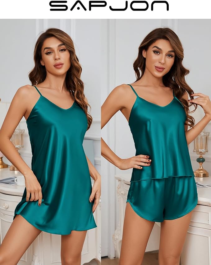 SAPJON Silk Pajamas for Women 5Pcs Sleepwear Loungewear Satin Robe Cami Shorts Pj Set