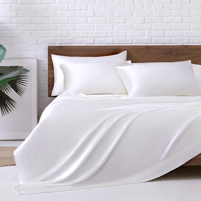 MR&HM Satin Bed Sheets, Queen Size Sheets Set, 6 Pcs Silky Bedding Set with 15 Inches Deep Pocket for Mattress (Queen, White)