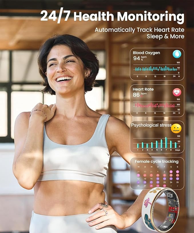 Smart Ring for Women,Fitness Tracker with Heart Rate,Blood Oxygen,Menstrual Cycle,Sleep Monitoring,Step Counting,IP68 Waterproof for iOS and Android,No Subscription Fee (10#)
