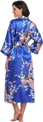 Valennia Women Long Silky Bathrobe Satin Kimono Robe Floral Printed Dressing Gown Sleepwear
