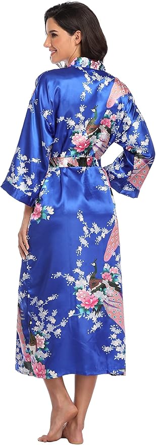 Valennia Women Long Silky Bathrobe Satin Kimono Robe Floral Printed Dressing Gown Sleepwear
