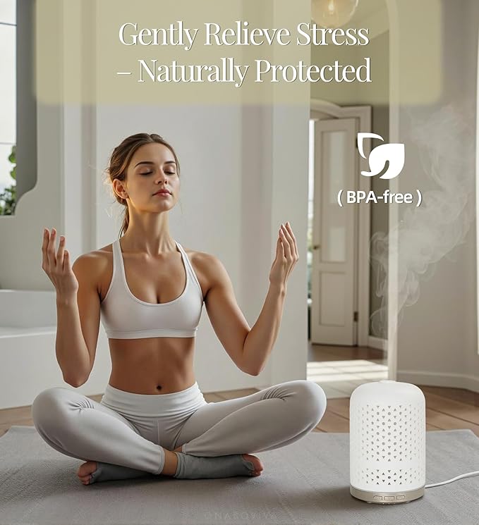 Onaboviva Essential Oil Diffuser - 2.4MHz Ultrasonic Ceramic Diffuser for Home, 120ml, Pulse&Continuous Mist, Bright/Dim/Breathing Lighting, Waterless Auto-Off, Aromatherapy Diffuser with USB Cable
