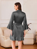 Ekouaer Women's Satin Robe Short Ruffle Hem Silky Robes Lightweight Kimono Brides Bathrobes Sleepwear XS-XXL