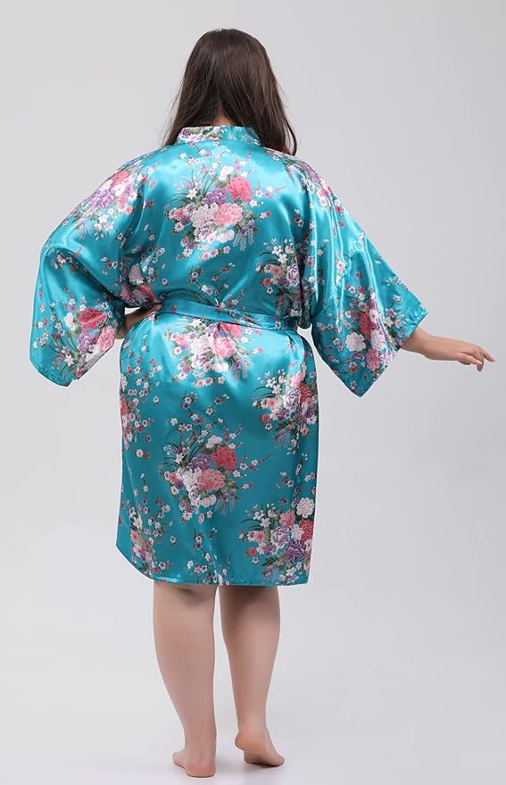 QXQTER Peony Floral Silky Satin Robe Wedding Bridal Party Bride Bridesmaid Robes for Women Dressing Gown Kimono Robe