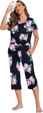 Ekouaer Women's Sleepwear Capri Pajama Sets Short Sleeve Two-Piece Pjs V Neck Tops & Capri Pants with Pockets S-3XL