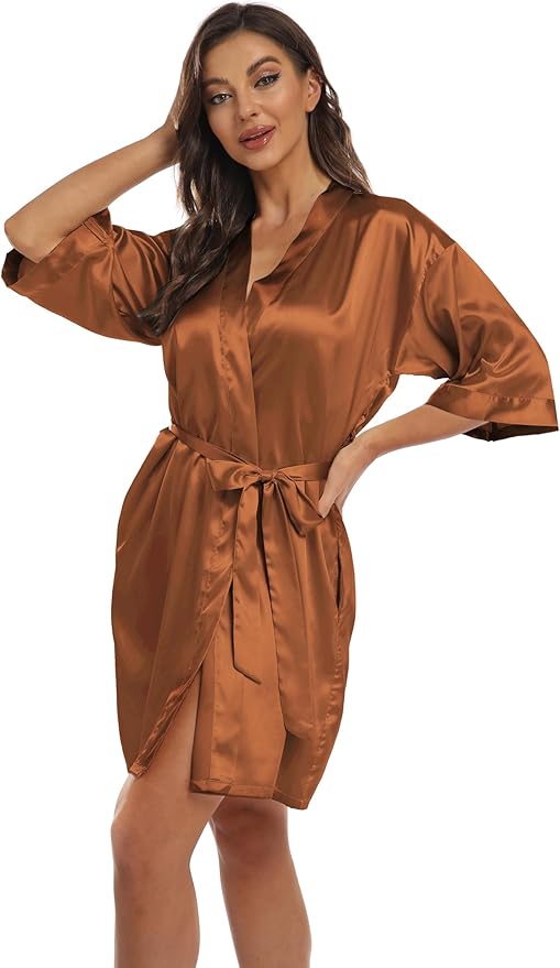 Women's Pure Short Kimono Robes Bride Bridesmaids Silky Bathrobe Lightweight Satin Sleepwear