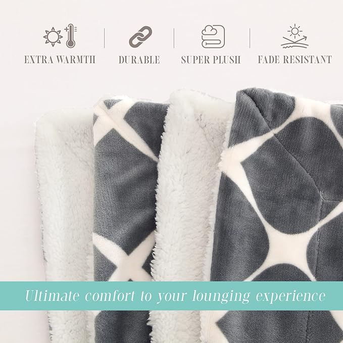Elegant Comfort Throw Blanket, Reversible Sherpa Flannel, Ultra-Soft, Fuzzy, Cozy and Plush- All Season Lightweight Decorative Throw, 50 x 60 inches, Ogee Pattern Sherpa Throw, Silver Gray