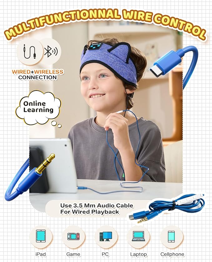 Kids 3-in-1 Headband Headphones-Wireless Bluetooth & Wired 3.5mm Jack, Ultra-Thin Speakers, Adjustable Fit for Toddlers, Safe Volume - Ideal for School/Travel/Sleep/Home, Gift for Boy& Girl