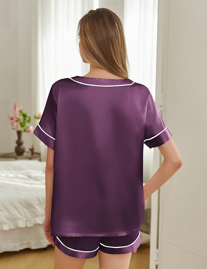Silk Pajamas for Women Short Sleeve Satin 2 Piece Pj Set Soft V Neck Sleepwear Loungewear, S-XXL