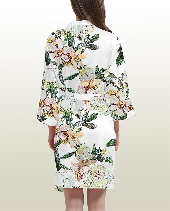 WJing Yi Jia Womens Satin Kimono Robe Silky Robes Floral Bathrobe Bride Bridesmaid Wedding Bridal Dressing Gown Loungewear