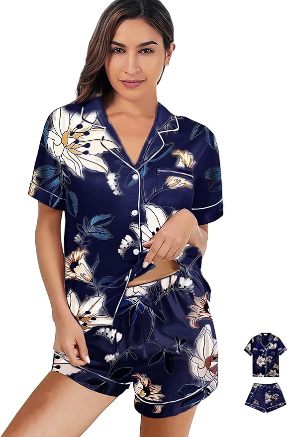 WJing Yi Jia Womens 3Pcs Satin Pajamas Set Floral Silk Pajama Sets Stripe Lounge Set Silky Sleepwear XS-2XL Pjs Long Scarves
