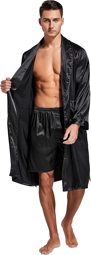 Tony & Candice Men's Satin Robe Lightweight Long Sleeve Silk Kimono Bathrobe with Shorts Set Sleepwear