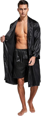 Tony & Candice Men's Satin Robe Lightweight Long Sleeve Silk Kimono Bathrobe with Shorts Set Sleepwear