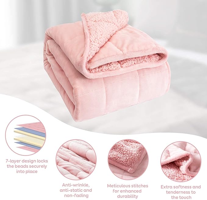 Cottonblue Weighted Blanket 10 lbs Twin Size, Fuzzy Soft Sherpa Fleece Weighted Throw Blankets for Adults Calming and Relax, Cozy Flannel Heavy Blanketwiht Glass Beads for Sofa Bed 48x72 in, Pink