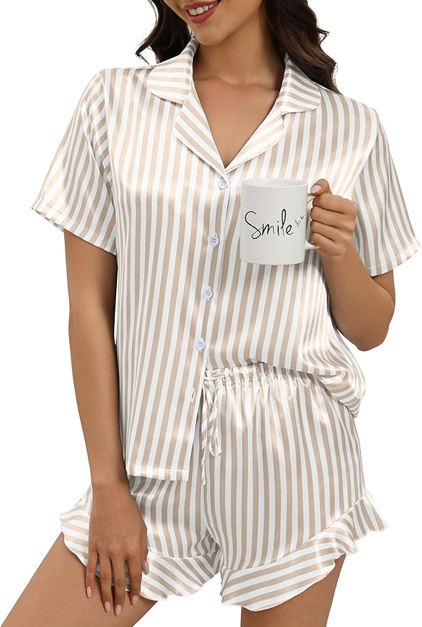 Silk Pajamas for Women Button Down 2 Piece Satin Pjs Shorts Set Ruffle Notch Collar Sleepwear Loungewear